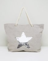 South Beach Washed Grey Beach Bag With Silver Star