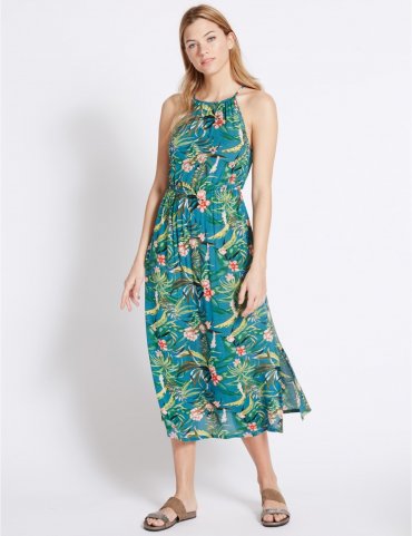 Maxi-jurk met hoge kraag en tropische print