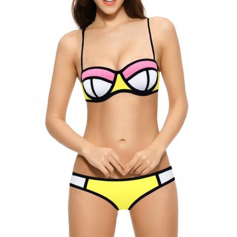 Beugel bikini Neopreen Black Lined Roze Wit Geel