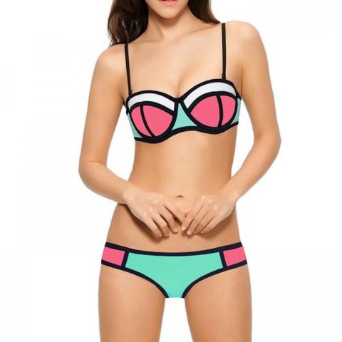 Beugel bikini Neopreen Black Lined Wit Roze Zeegroen