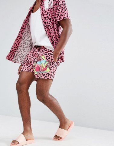 ASOS x MTV Swim Shorts With Neon Leopard Print In Short Length