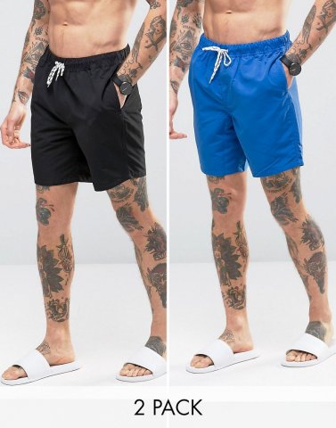 ASOS Swim Shorts 2 Pack In Blue And Black In Mid Length SAVE