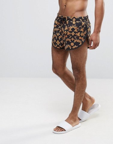 ASOS Extreme Side Split Swim Shorts With Baroque Print In Super Short Length