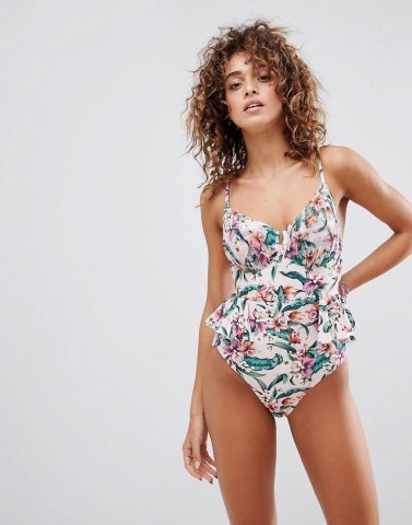 ASOS Girly Tropical Frill Gathered Swimsuit