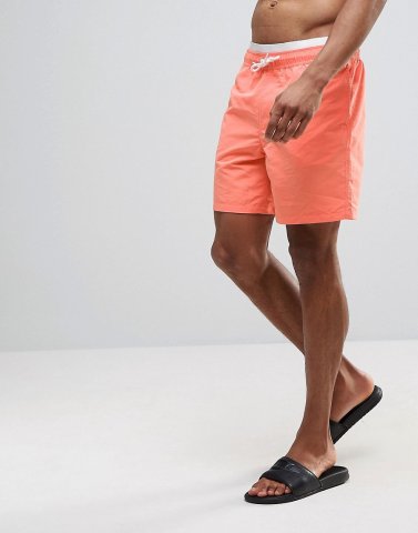 ASOS Swim Shorts In Coral With Double Waistband In Mid Length