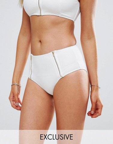 Wolf & Whistle White Textured Gold Zip Bikini Bottom