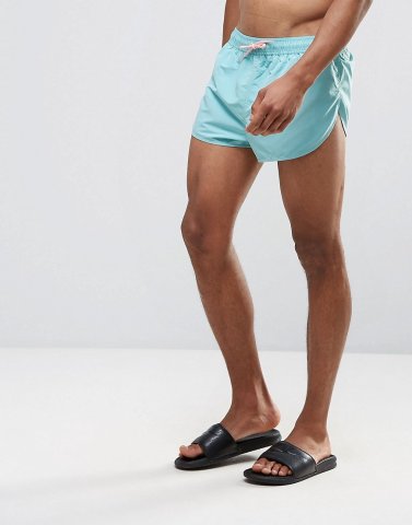 ASOS Swim Shorts With Extreme Side Splits With Contrast Drawcord In Turquoise Super Short Length