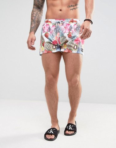 Jaded London Swim Shorts In White With Tropical Fruit Print