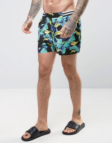 ASOS Swim Shorts With Floral Print And Stripe Waistband In Short Length