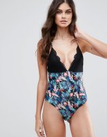 ASOS Midnight Floral Lace Trim Plunge Swimsuit