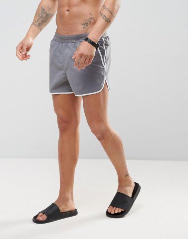 ASOS Runner Swim Shorts In Grey With Waistband Detail In Short Length