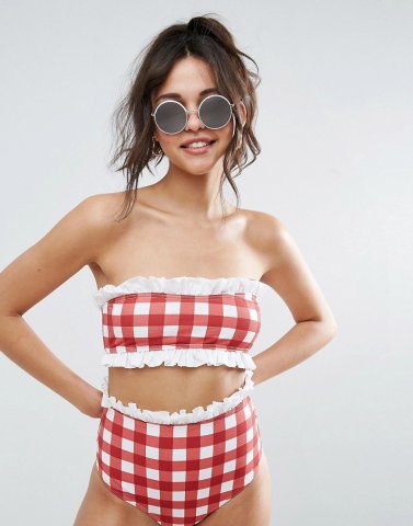 ASOS Gingham Print Cotton Frill Bandeau Bikini Top