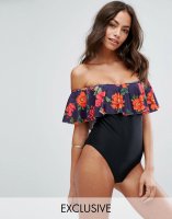 Missguided Frill Bardot Printed Swimsuit