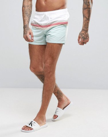 ASOS Swim Shorts With Cut And Sew Pastel Stripe In Short Length