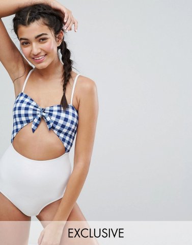 Monki Gingham Bow Front Swimsuit