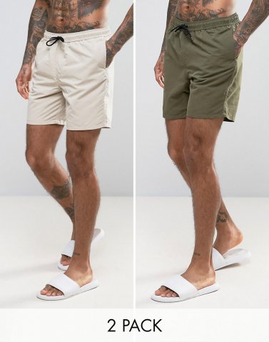 ASOS Swim Shorts 2 Pack In Khaki & Stone Mid Length SAVE