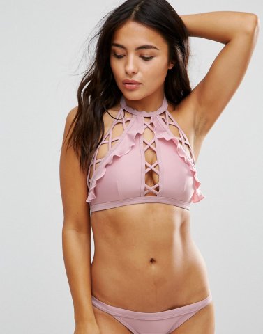 Peek & Beau High Neck Ruffle & Lace Up Bikini Top B-F Cup