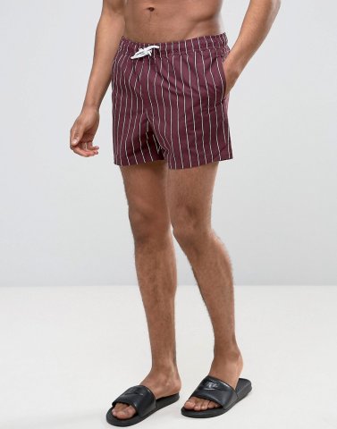 ASOS Swim Shorts In Burgundy Stripe In Short Length