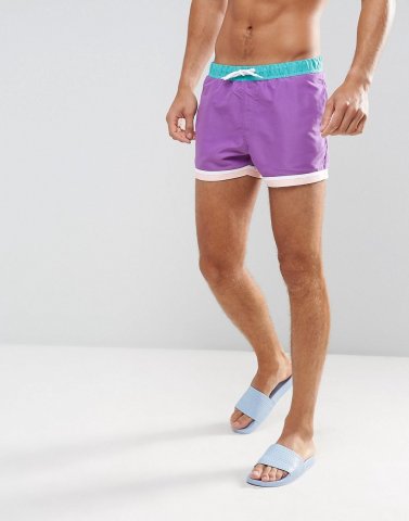 ASOS Swim Shorts In Purple With Hem Detail In Short Length