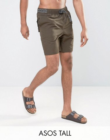 ASOS TALL Swim Shorts In Khaki With Aztec Belt In Mid Length