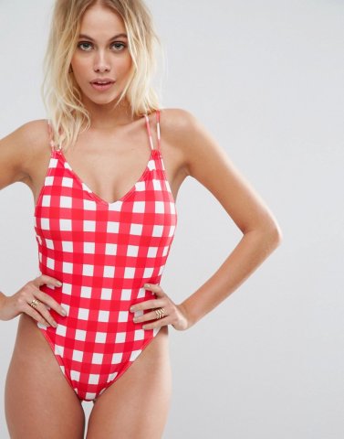 ASOS Red Gingham Print Cross Back High Leg Swimsuit