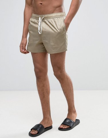 ASOS Swim Shorts In Ripstop Nylon In Stone With Drawcord Detail In Short Length