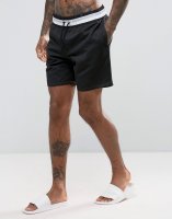 ASOS Swim Shorts In Black Mesh With Stripe Waistband In Mid Length