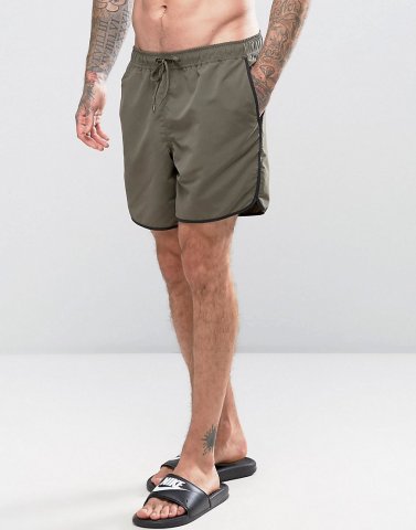 ASOS Runner Swim Shorts In Khaki Mid Length