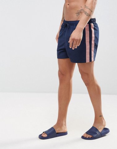 ASOS Swim Shorts In Navy With Pink Tape Detail In Short Length