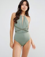 ASOS Faux Leather Trim Plunge Swimsuit