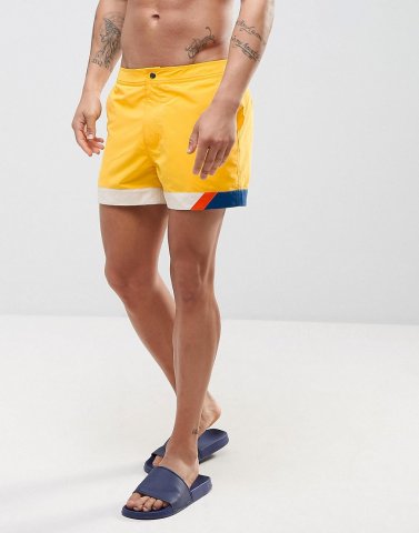 ASOS Swim Shorts In Yellow With Cut And Sew Detail In Short Length