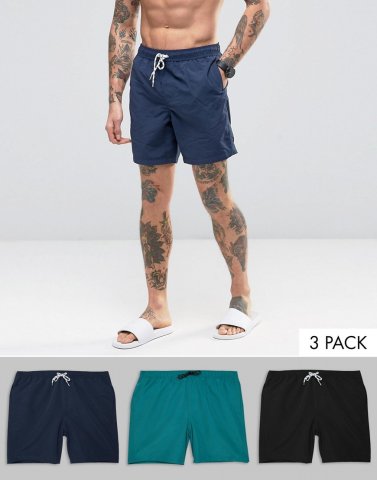 ASOS Swim Shorts 3 Pack In Black Navy & Teal Mid Length SAVE