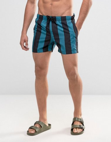 ASOS Swim Shorts With Teal Stripe In Short Length