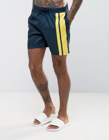 ASOS Swim Shorts In Navy With Placement Stripe In Mid Length