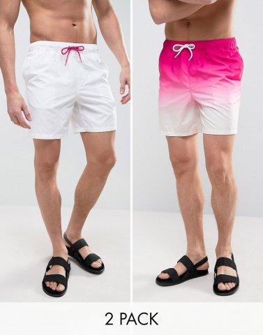 ASOS Swim Shorts 2 Pack In Pink Dip Dye & White In Mid Length