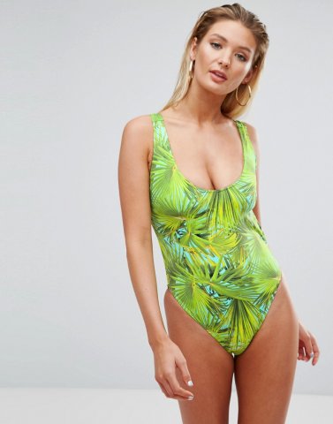 ASOS FULLER BUST EXCLUSIVE Sunny Palm Print High Leg Scoop Neck Swimsuit