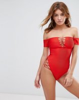 Missguided Bardot Bandage Lace Up Detail Swimsuit