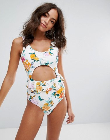 Vero Moda Floral Ruffle Cut Out Swimsuit