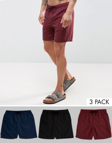 ASOS Swim Shorts 3 Pack In Plum Navy & Black Mid Length SAVE