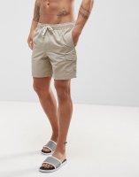 ASOS Swim Shorts With Cargo Pocket And Drawcord Detail In Stone Mid Length