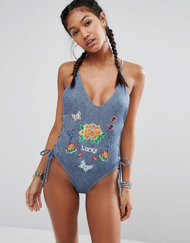 Jaded London Embroidered Denim Print Swimsuit