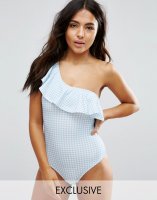 Peek & Beau Gingham Frill One Shoulder Swimsuit B-F Cup