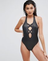 ASOS Wetlook Ribbed Lattice Plunge Swimsuit