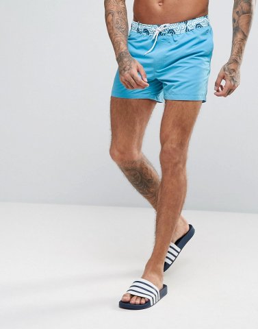 ASOS Swim Shorts With Contrast Geo Print Waistband In Short Length