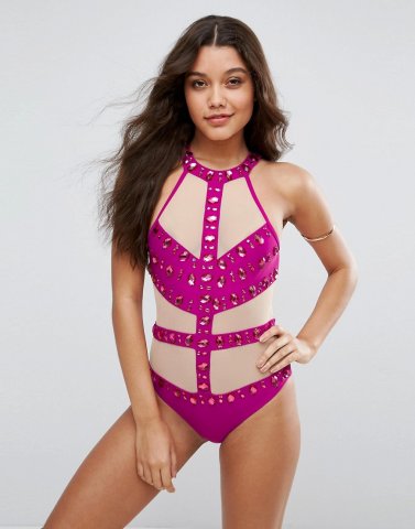 ASOS Glitz Jewel Embellished Caged Mesh Swimsuit