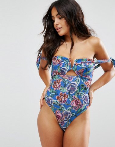 ASOS FULLER BUST Exclusive Tapestry Floral Bardot Swimsuit DD-G