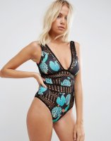 ASOS Crochet Trim Tropical Palm Leaf Print Swimsuit